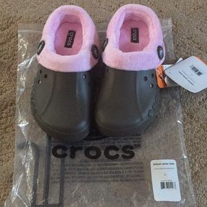 Kids brown and pink fuzzy crocs